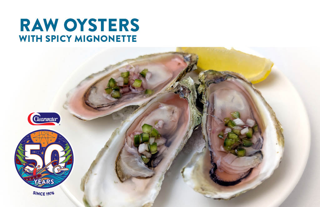 raw oysters on half shell with spicy mignonette