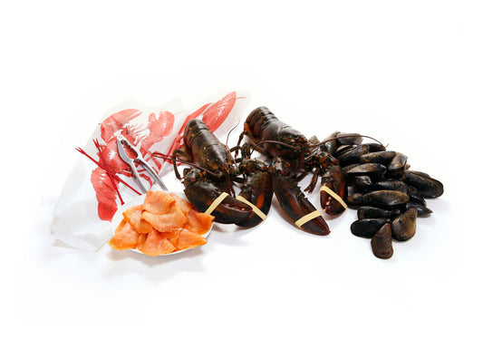 East Coast Dinner for 2 - lobster bibs, lobster picks, lobster cracker, smoked salmon, lobster and mussels